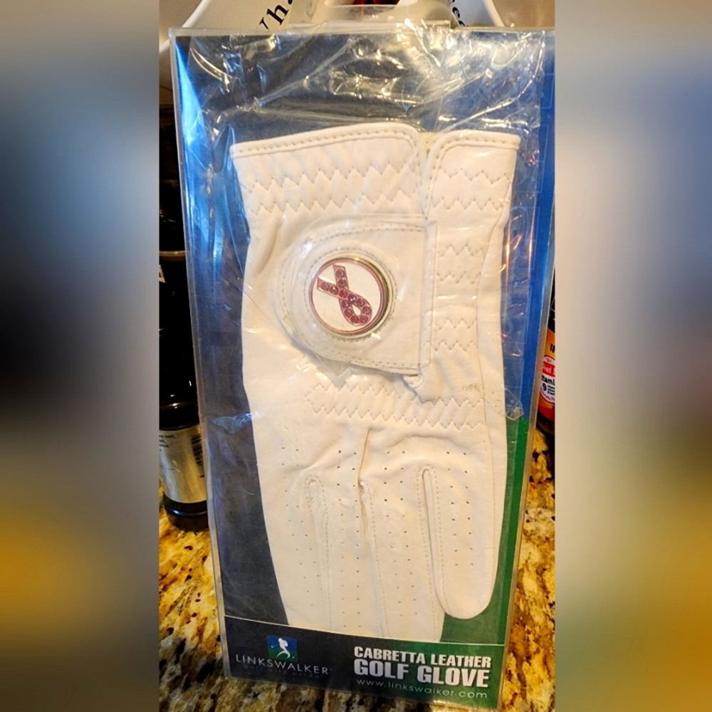 LINKSWALKER CABRETTA LEATHER GOLF GLOVE WITH BREAST CANCER RIBBON DETAIL